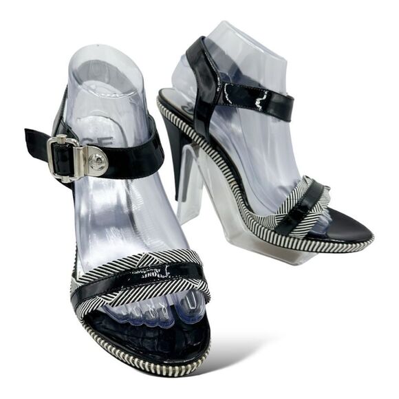 Gianfranco Ferre Black/White Striped Patent‎ Leather Heeled Sandals Sz 40 - Picture 3 of 16